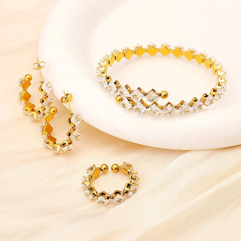 Luxury Women Tarnish Free Cubic Zircon Ring Hoop Earrings Cuff Bracelet Stainless Steel Zircon Jewelry Sets