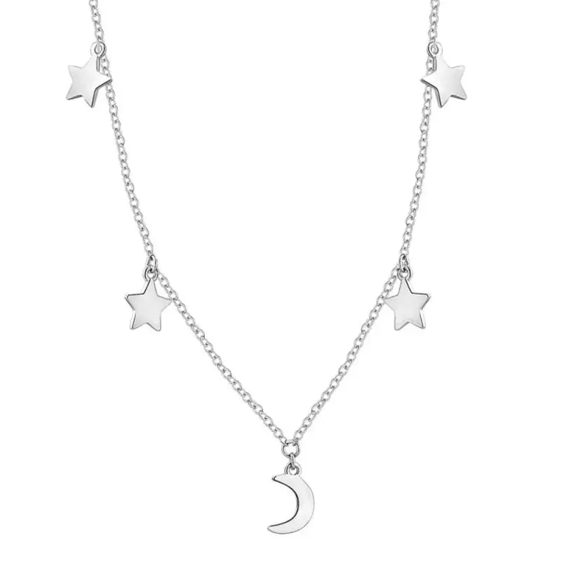 Women Girls Teens Adjustable 925 Sterling Silver Star Crescent Moon Chocker Crystal Pendant Necklace Jewelry