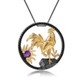 Abiding Rooster Animal Zodiac Natural Amethyst Gold Plated Jewelry 925 Sterling Silver Pendant Necklace
