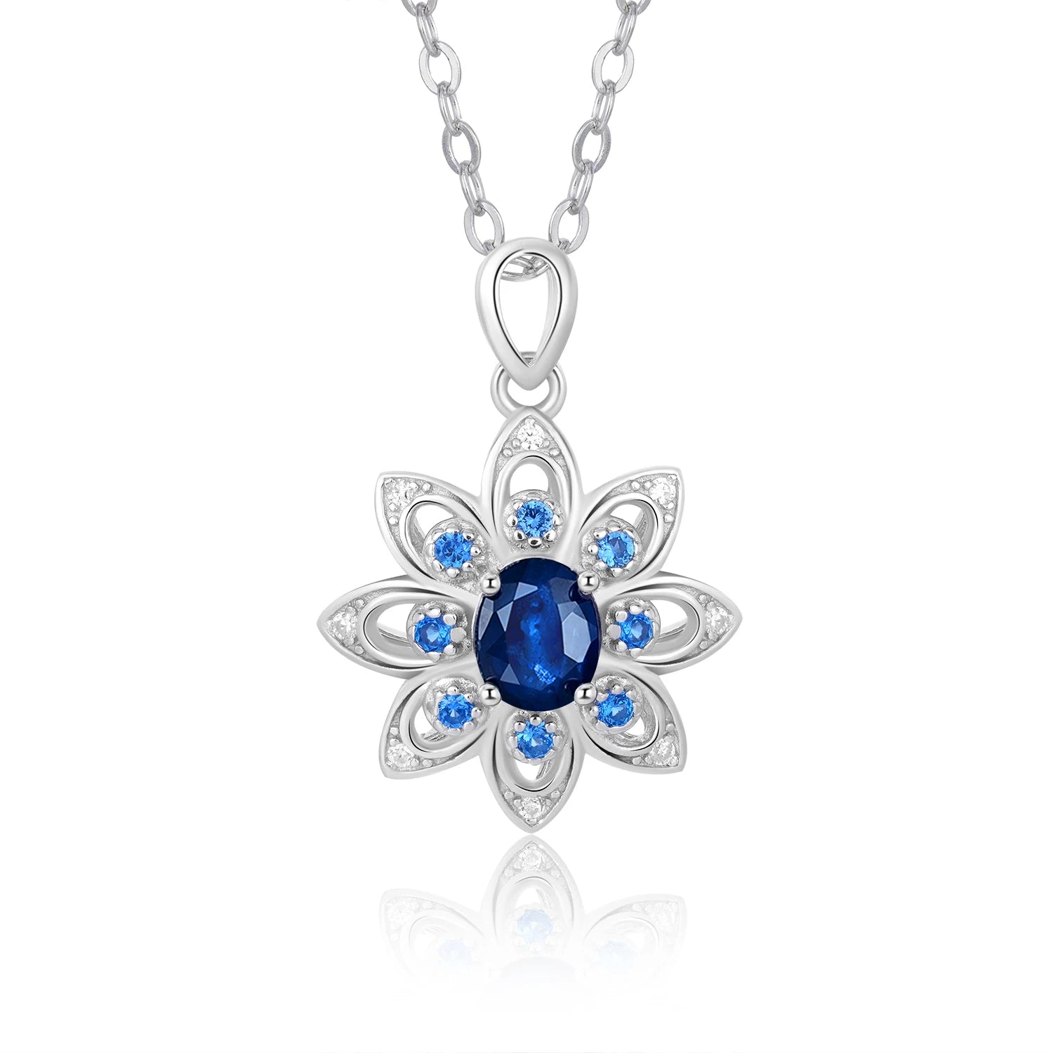 YBO 925 Sterling Silver Flower Necklace with Natural Blue Sapphire Pendant Trendy Jewelry for Women's Weddings and Engagements