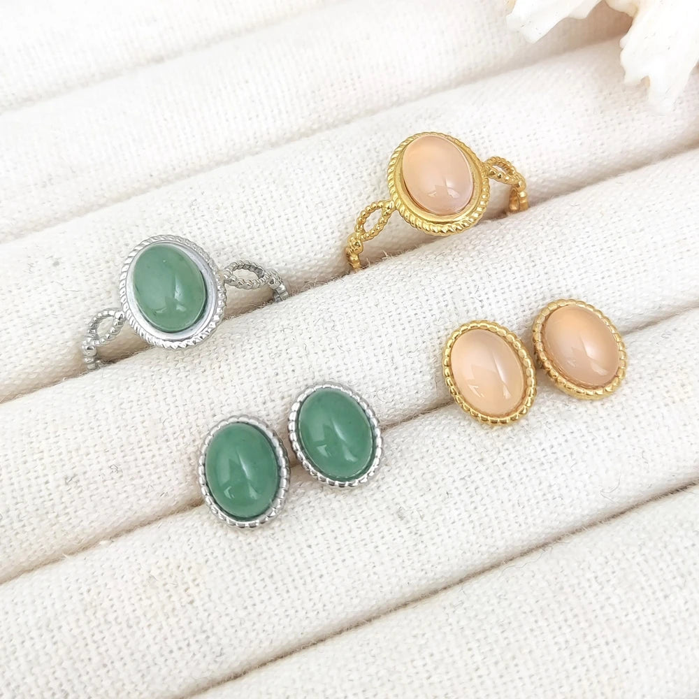 Natural Green Aventurine Gemstone Jewelry for Woman Adjustable Stainless Steel Gold Ring Inlaid Rose Quartz Earring and Ring Set