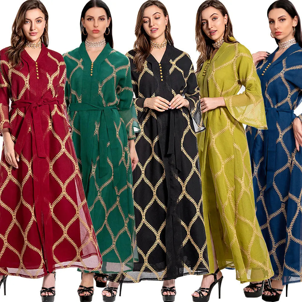 Middle Eastern Muslim Women's Clothing Embroidery Abaya Dubai Muslim Long Sleeve Mesh Dress