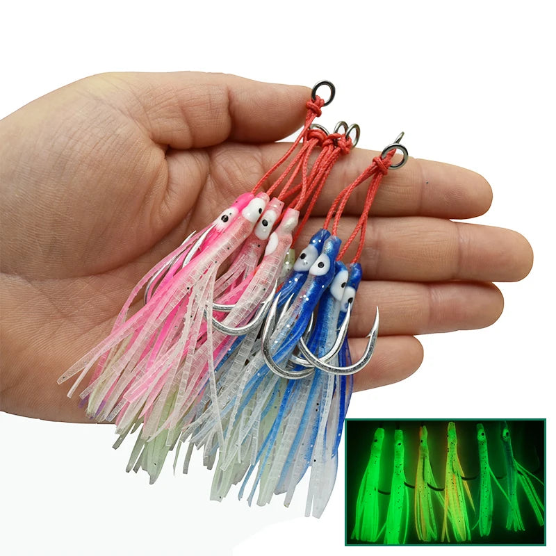 ZHUO RUN 1/0-11/0# Luminous Octopus Double Jigging Hook Metal Jig High Carbon Steel With Feather Fishing Jig Assist Hook