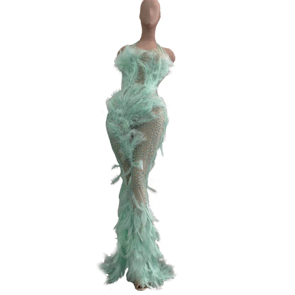 See Through Mermaid Long Feather Dress Singer Stage Costume Rhinestone Feather Prom Dress Evening Wedding Sexy Party Dress