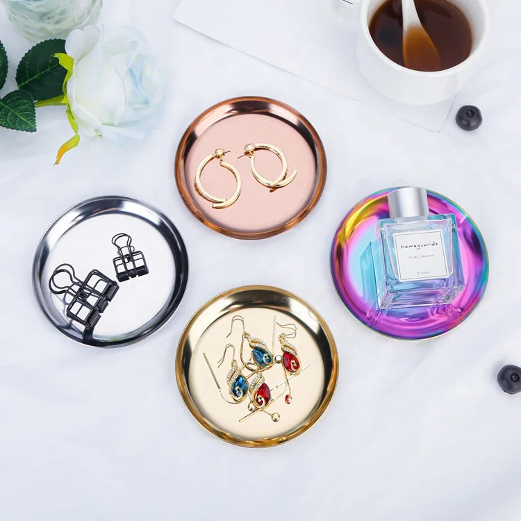 Golden Jewelry Dish Plate 4 Inch Stainless Steel Mini Gold Decorative Jewelry Round Metal Tray Silver Rainbow Small Vanity Tray