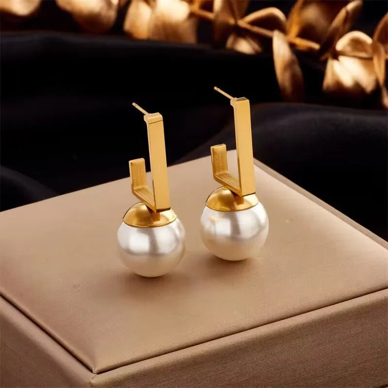 Classic Fashion Jewelry Earring Charms Pearl Stainless Steel 18K Gold Earring