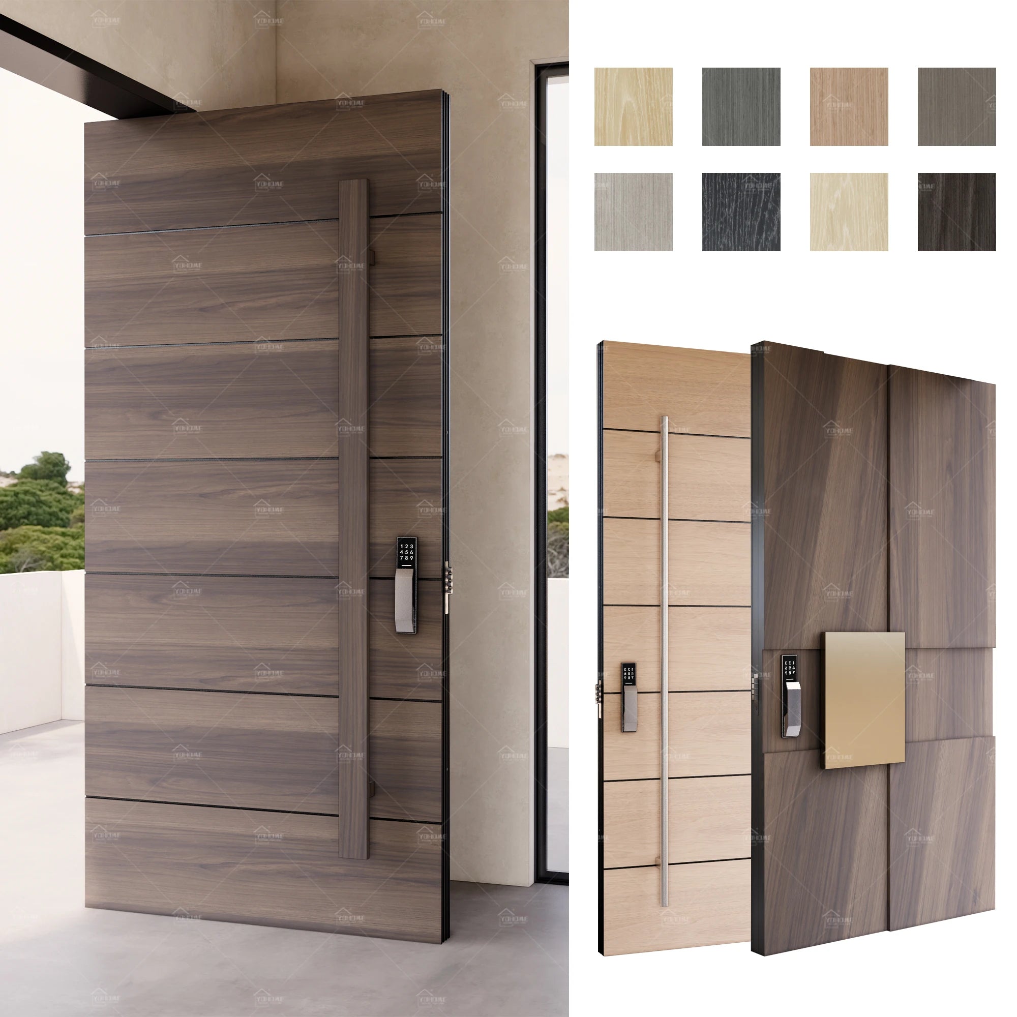 CA Style Modern Hotel Villa Black Walnut Wooden External Pivot Door Luxury Main Front Security Smart Locks Entry Security Door