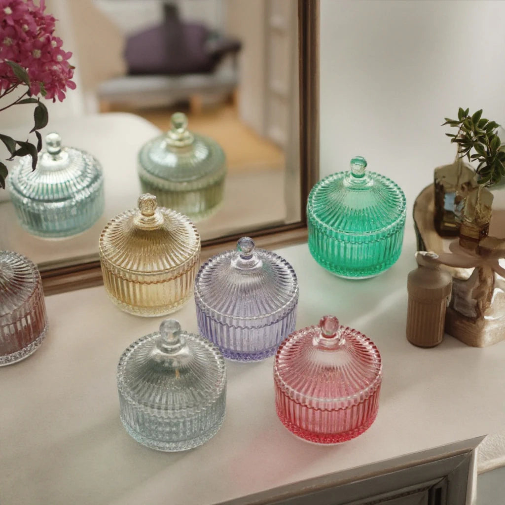 Empty Storage Luxury Transparent Ribbed Crystal Glass Candle Jar with Glass Lid