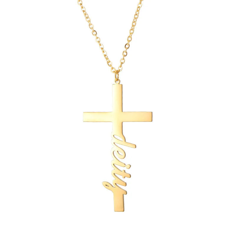 Collar Con Nombre Custom Stainless Steel Name Letter Necklace Personalized Creative Cross DIY Name Customize Pendant Necklace