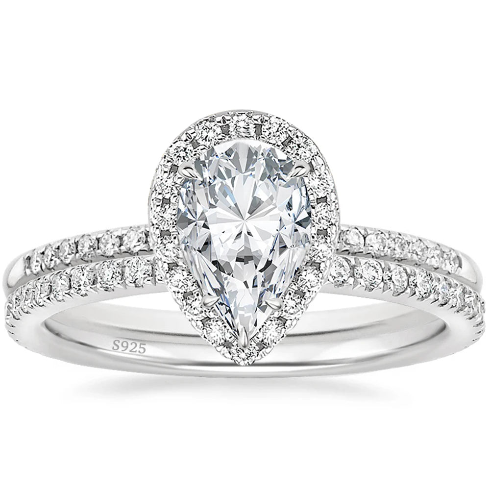 OAHLAN 925 Sterling Silver Teardrop Bridal Rings Sets Halo Cubic Zirconia Solitaire Engagement Wedding Band for Women