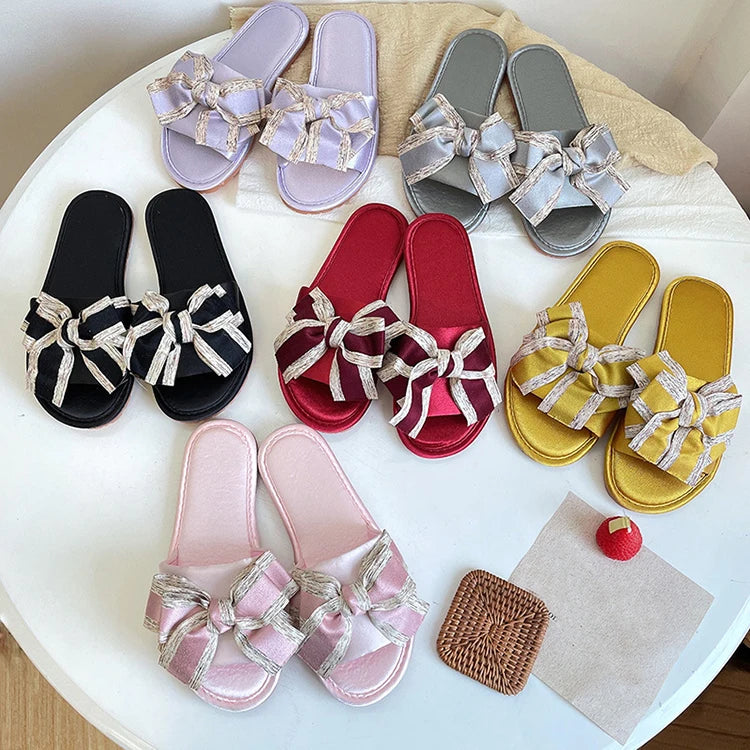 Custom Open Toe Bowknot Bride Party Wedding Satin Bridesmaid Slides Bedroom Indoor Sleeping Slippers for Bride