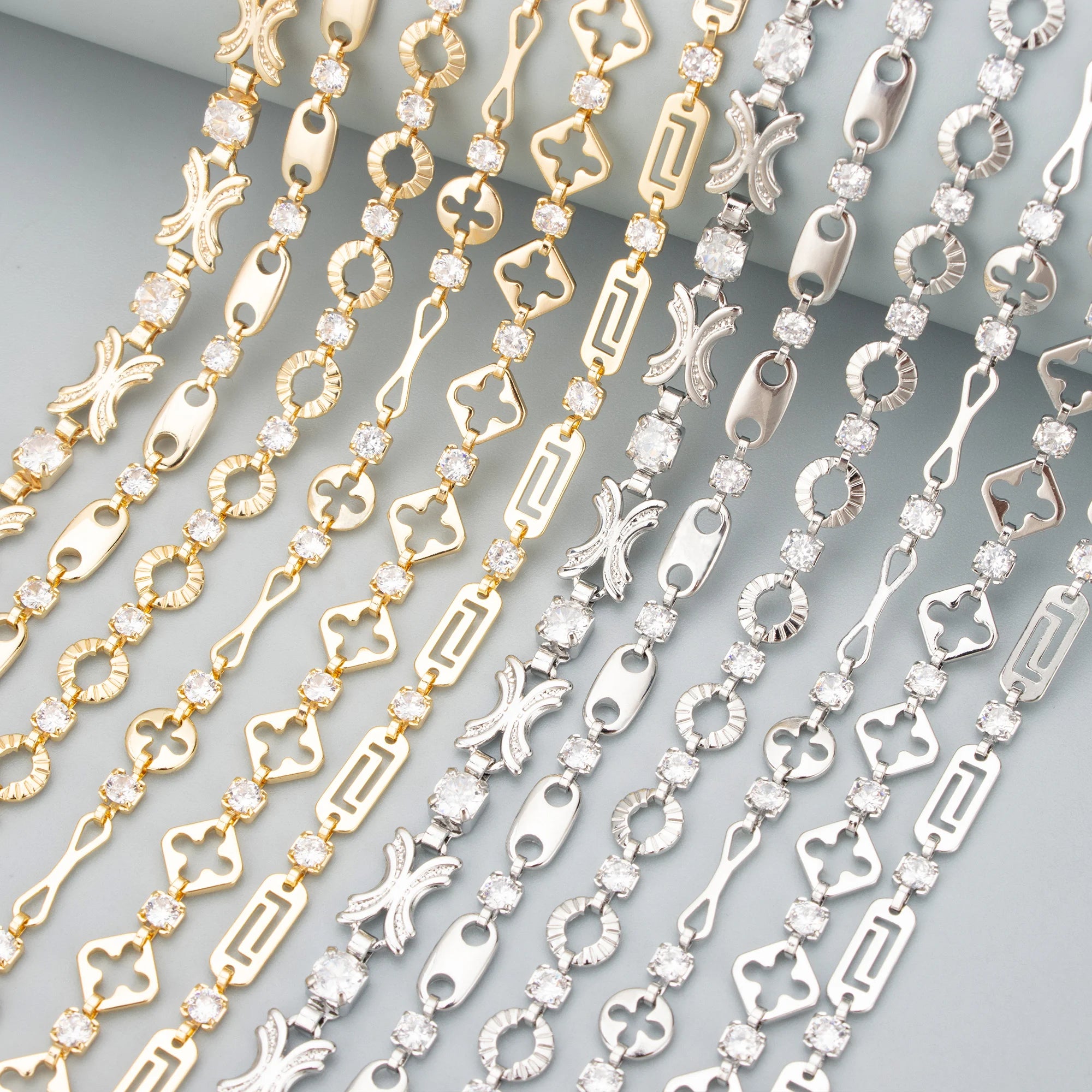 C349 1m/Lot 18K Gold Rhodium Plated Chain Nickel-Free Zircon Charms for DIY Bracelet Necklace Jewelry Making Findings