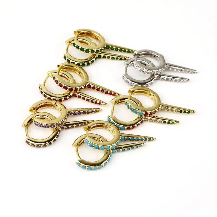 EC1676 Wholesale 18k Gold Plated Rainbow CZ Micro Pave Spike Hoop Huggie Earrings for Girls