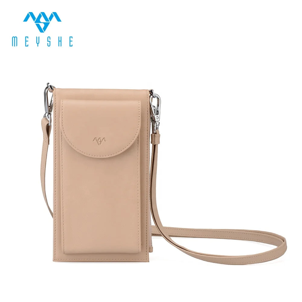 Custom Brands Khaki Full Grain Genuine Leather Women Open RFID Blocking Long Polyester Lining Phone Clutch Purses Card Holder