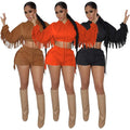 Custom Logo Latest Stylish Women Two Piece Short Set Long Sleeve Hooded Tassel Crop Top Women Casual Set