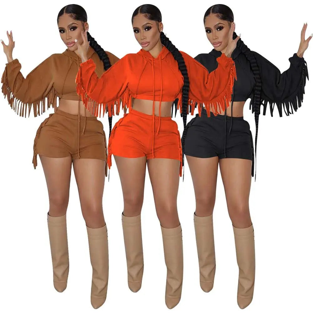 Custom Logo Latest Stylish Women Two Piece Short Set Long Sleeve Hooded Tassel Crop Top Women Casual Set
