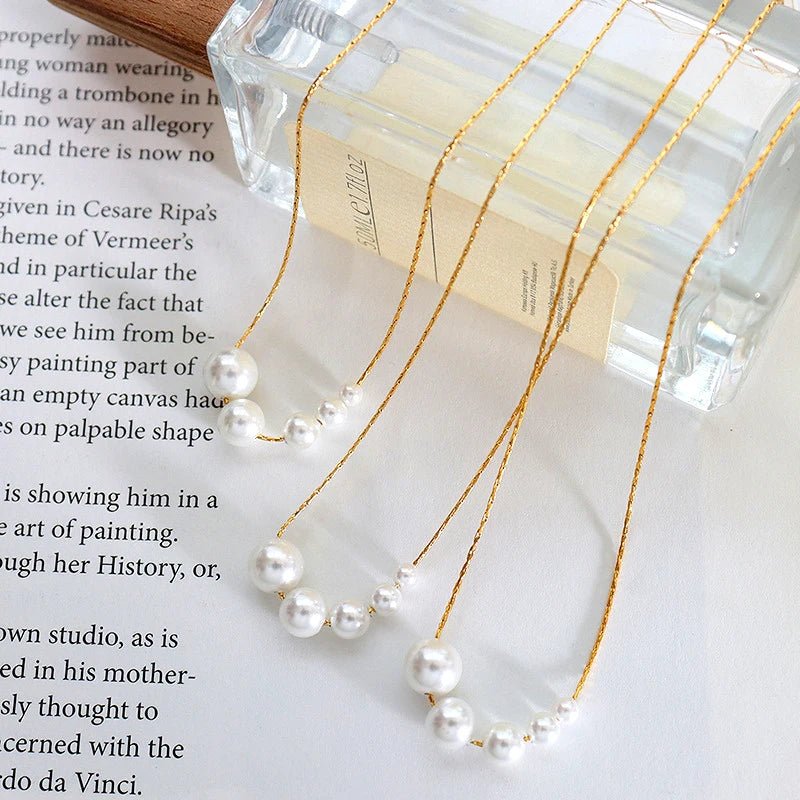 Dainty 18k Gold Stainless Steel Tarnish Free Thin Bamboo Chain  Five Round Artificial Pearl Choker Necklace Women