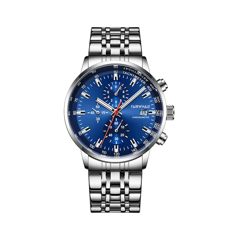 Fairwhale Men Classic Design Wrist Watch Luxury Chronograph Stainless Steel Strap Quartz Watch