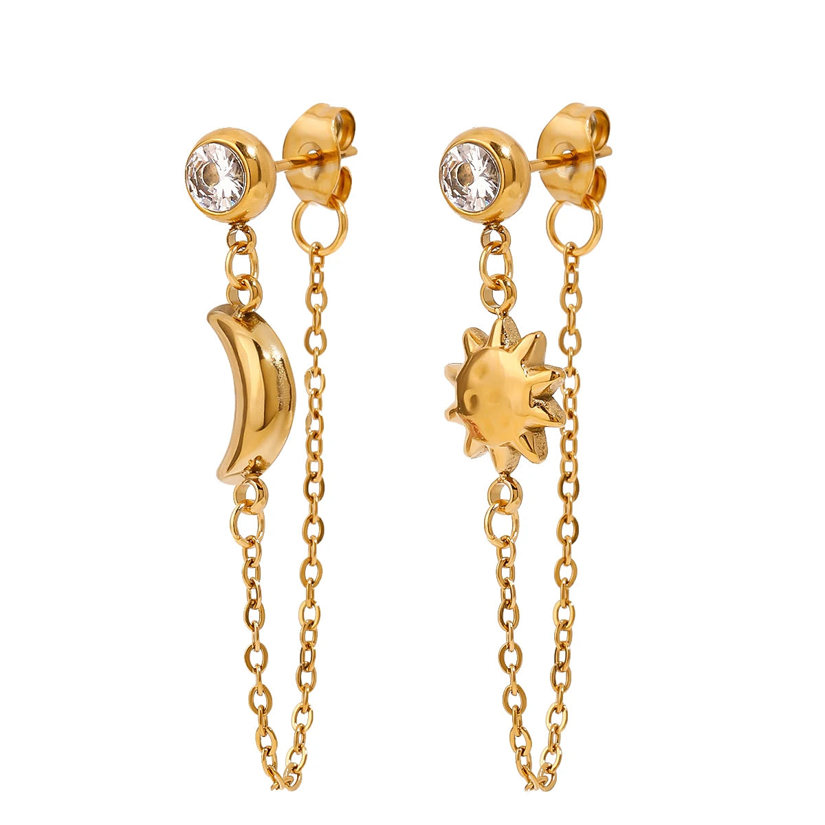 J&D Unique 18K Gold Stainless Steel Star & Moon Earrings with White Zircon for Women AB Style Pair