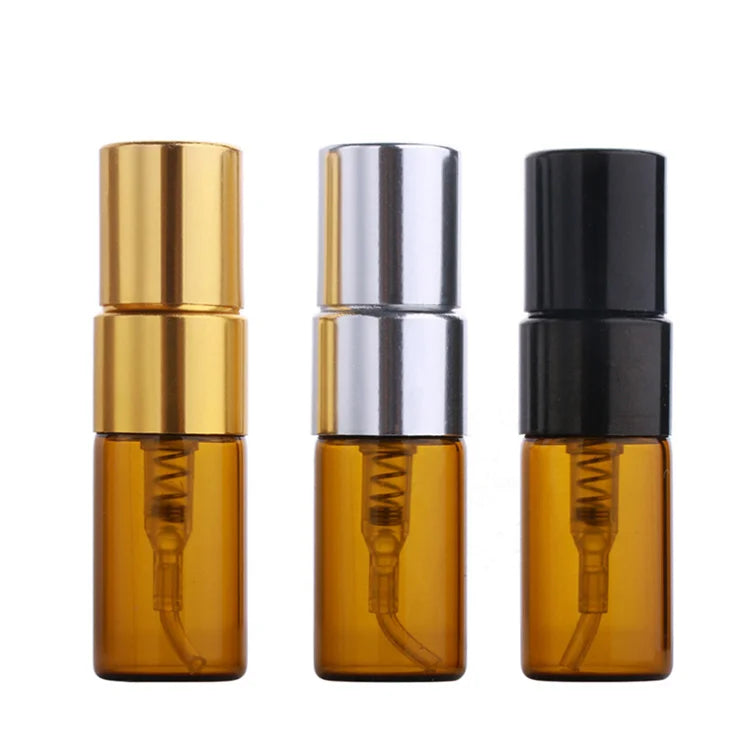 Free Sample Round Portable Gold Silver Black Aluminum Cosmetic Packaging 3ml Amber Brown Perfume Glass Spray Bottle