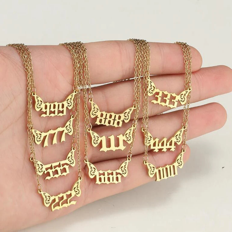 Wholesale Non Tarnish Silver 18K Gold Plated Charm Wing 111-999 Woman Stainless Steel Angel Number Necklace Jewelry for Gift