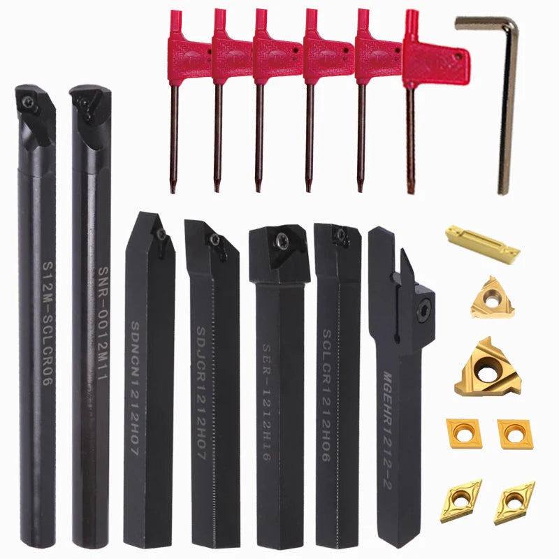 7pcs 12mm Shank Lathe Boring Bar Turning Tools Holders Set With 7pcs Carbide Inserts and Wrenches Cnc Cutting Tools