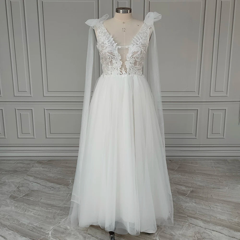 Real Photos Spaghetti Straps V-neck Low Back A-line Wedding Dress Elegant Appliques Lace Women Bridal Gown for Wedding 12668