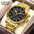 LIGE LG9902 Gold Watch for Men Stainless Steel Luxury Sport Watch Quartz Movement Automatic Calendar Latest Fashion Elite+ Box