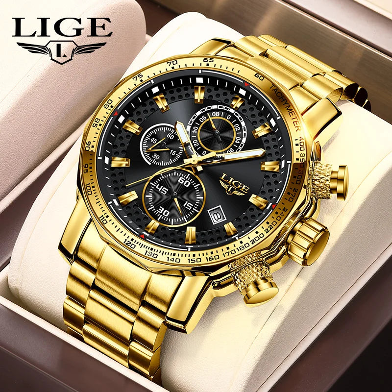 LIGE LG9902 Gold Watch for Men Stainless Steel Luxury Sport Watch Quartz Movement Automatic Calendar Latest Fashion Elite+ Box