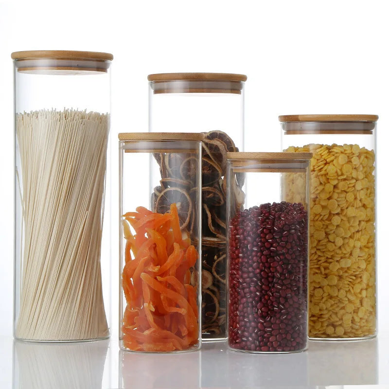 Kitchen Canisters Bamboo Lids Food Storage Jar Use Glass Clear Glass Home Christmas Luxury Space Valentine Custom Party Gifts