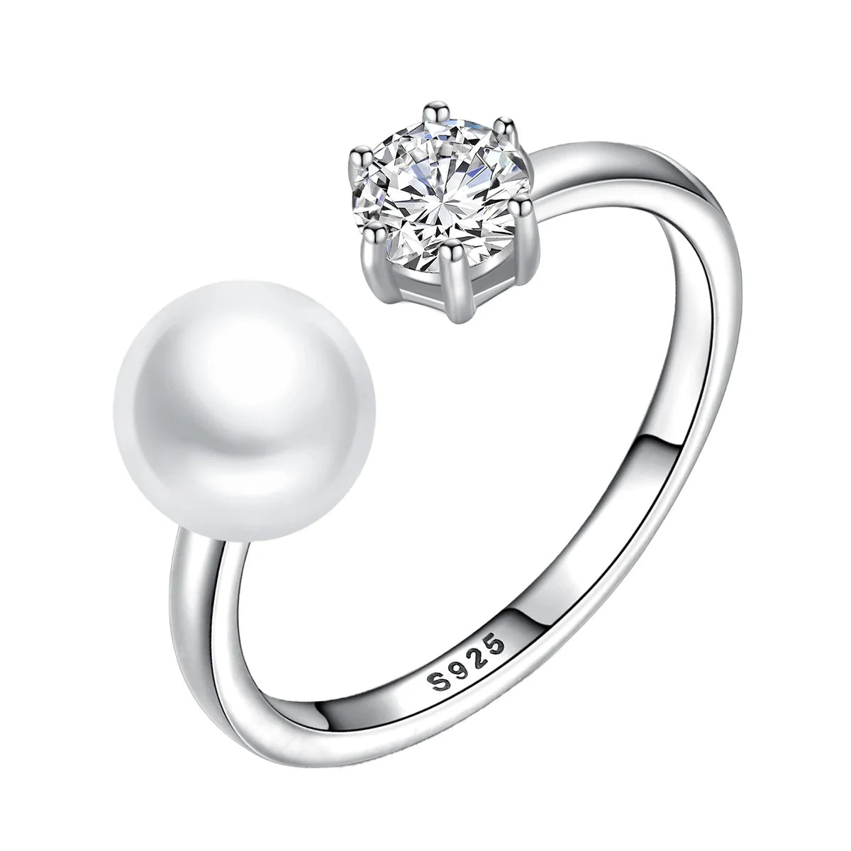 Women's 925 Sterling Silver Freshwater Pearl Ring Adjustable Jewelry with Zircon Inlaid