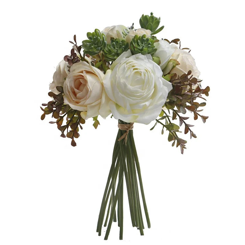 M160 Home Decor Bulk Arrangements Orange Green Pink Rose Flower Bouquet Silk Artificial Flowers Vase Arrangement for Home Office