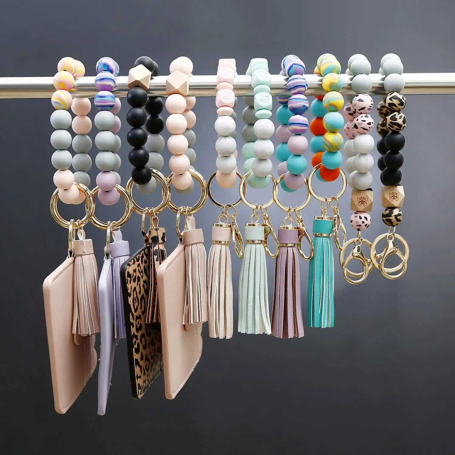 Wristlet Wallet Leopard Keychain Silicone Bead Bracelet Keyring Card Holder Bangle Wrist Strap Leather Purse PU Tassel Key Chain