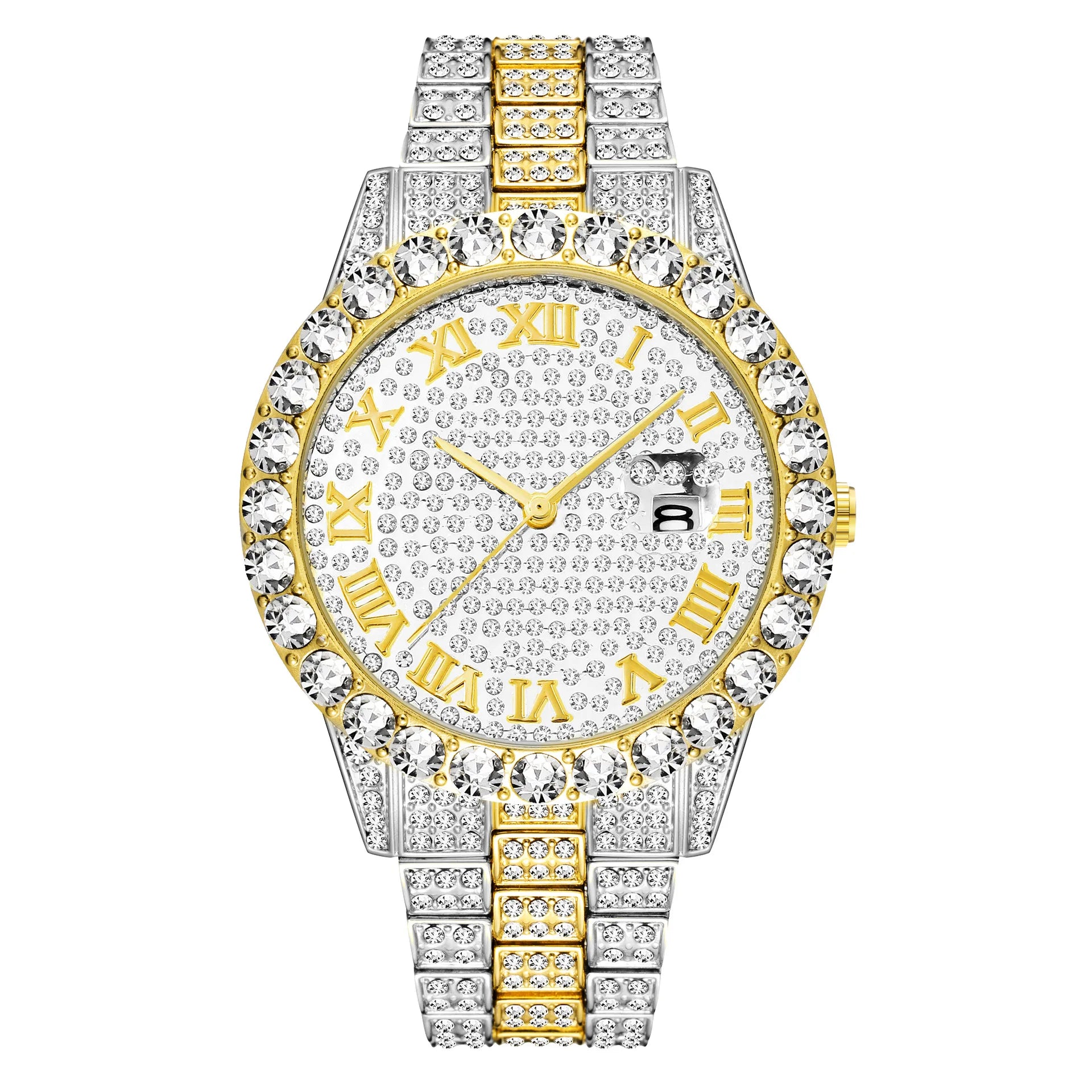 2024 New Hip Hop Jewelry Iced Out Crystal Quartz Watches Stainless Steel Roman Numerals Watches 18K Gold Diamond Bezel Watch