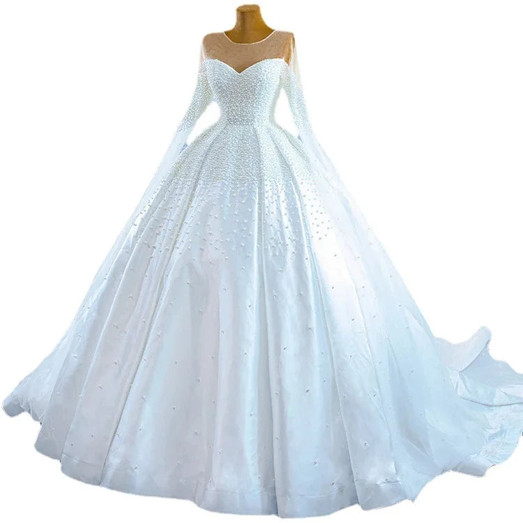 AL1471 2023 Elegant Full Wedding Dress for Women with Pearl Beaded Chapel Train Featuring Lace Decoration