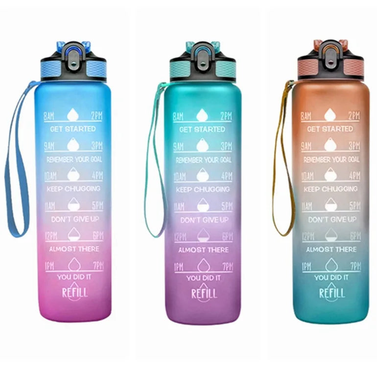 Ready to Ship Gradient Color Frosted Motivational Plastic Water Bottle 1000ml with Straw and Sling for Outdoor Sports Camping