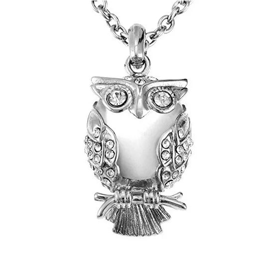 Diamond Shiny Cute Owl Stainless Steel Urn Pendant Necklace Cremation Urn Jewelry