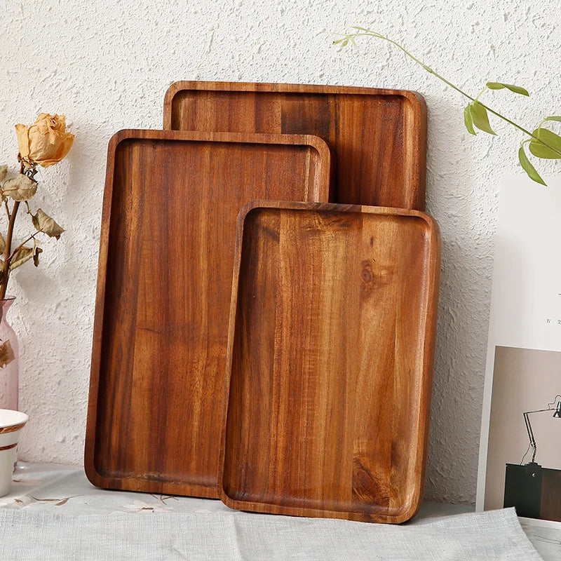 Minimalist Rectangle Acacia Wood Serving Tray Sustainable Wooden Dish for Appetizer Plates