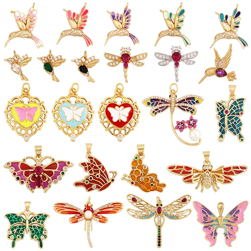 Dainty Butterfly Dragonfly Bird Bee Charm PendantTrendy Oil Dropped 18K Gold Inlaid Zircon Animal Jewelry Necklace Supplies L35