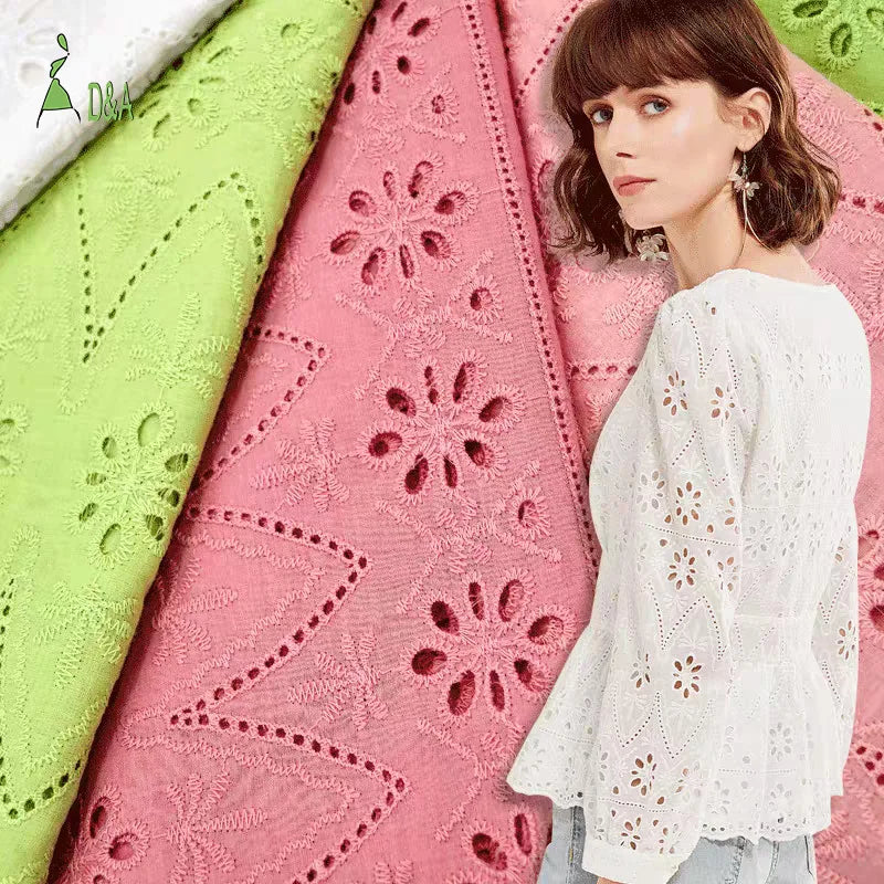 Newly Released Cotton Voile Lace Fabric with Embroidered Eyelet Design Plain Style Woven Pattern for Girls' Garments Dresses