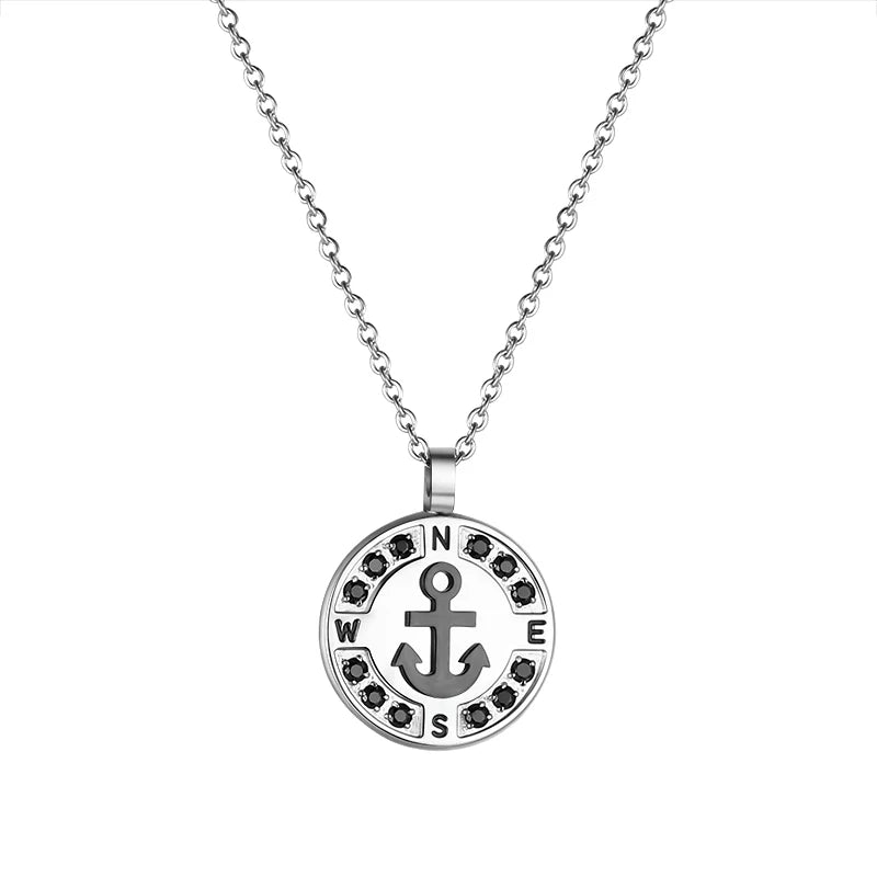 Custom LOGO 316 Stainless Steel Anchor Compass Pendants Necklace Men's Jewelry with Black 5A Cubic Zirconia Symbol Freedom