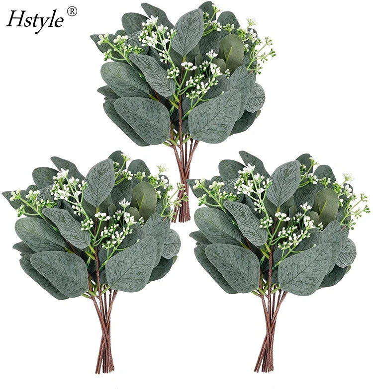Artificial Eucalyptus Leaves Stems With White Seeds Short Silver Dollar Faux Eucalyptus Branches Greenery Stems Plants FZH360