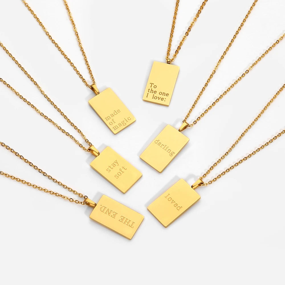 Women's Stainless Steel Gold Plated Engraved Geometric Square Signet Medallion Pendant with Beaded Chain Necklace