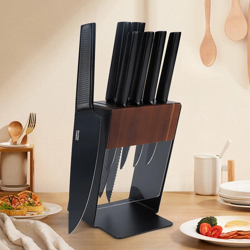10 PCS Complete Set Cutting Tools Stainless Steel Kitchen Knife Set with Solid Wood Knife Holder for Home Use