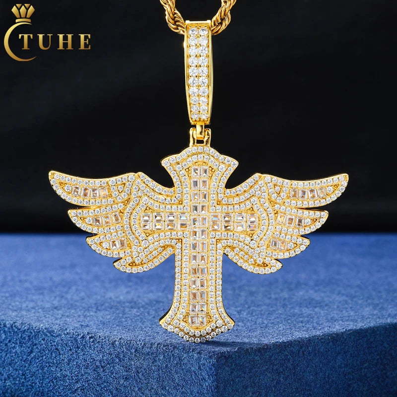 Fine Hip Hop Jewelry Pass Diamond Tester 925 Sterling Silver VVS Moissanite Diamond Wing Design Cross Pendant for Men