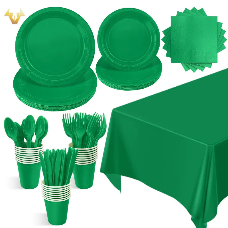Hot Selling Solid Color Themed Party Set Green Thick Paper Tray  Paper Cup Tissue Disposable Party Supplies
