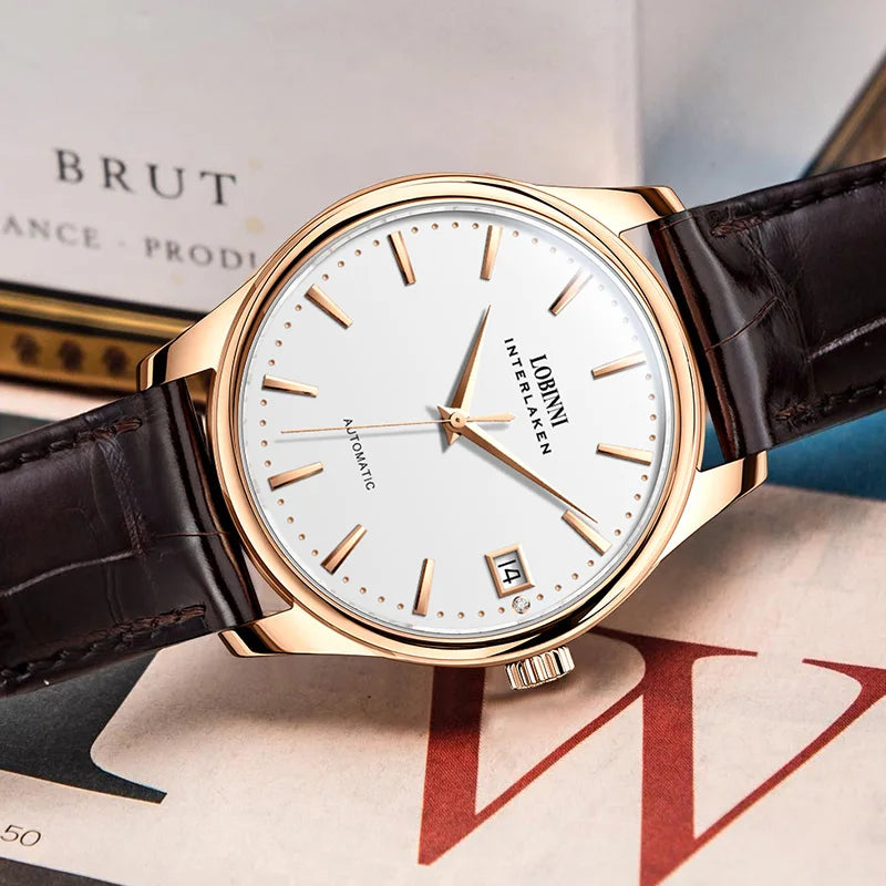 LOBINNI Elegant Ladies Large Face Automatic Watch Blue Dial Leather Strap Fashion Automatic Mechanical Watch