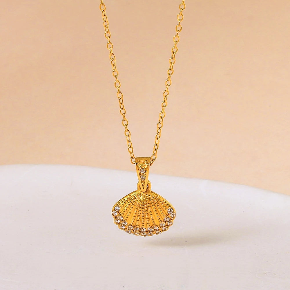 Ocean Jewelry Luxury Gold Stainless Steel Diamond Zirconia Seashell Pendant Necklace Elegant Chain Link Women's Fashion Jewel