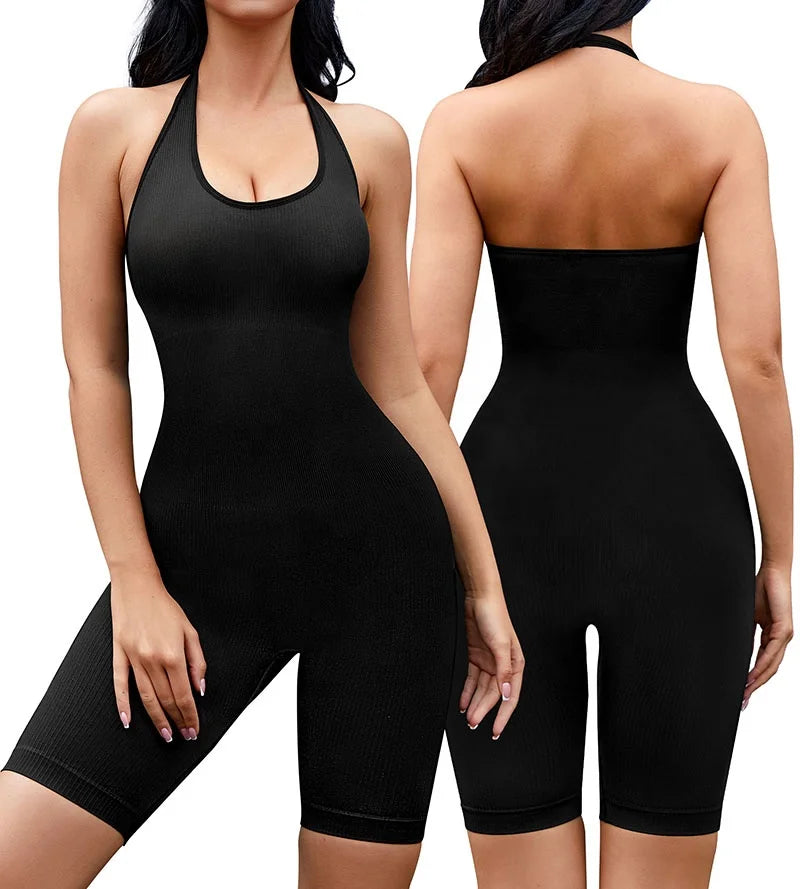 Women Yoga Jumpsuit Halter Sport Romper Shorts Ribbed One Piece Bodysuit Seamless Bodycon Workout Gym Activewear Jumpsuit