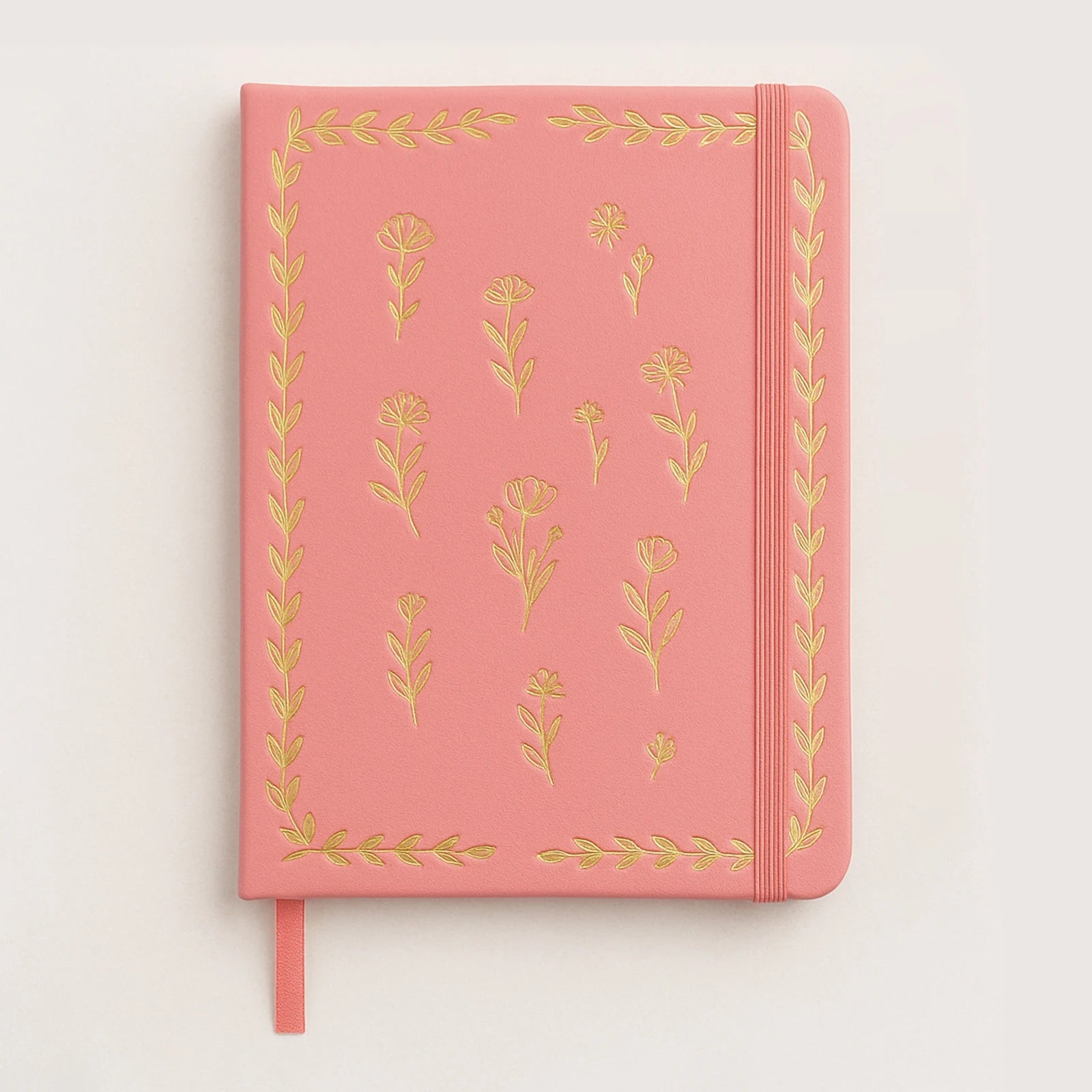 LABON Coral Pink Flower 160gsm PU Leather Journal Gold Foil Hardcover A5 Notebook With Double Ribbon